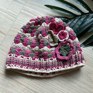 Young colors handknit beanie Floral hat. Size medium girls